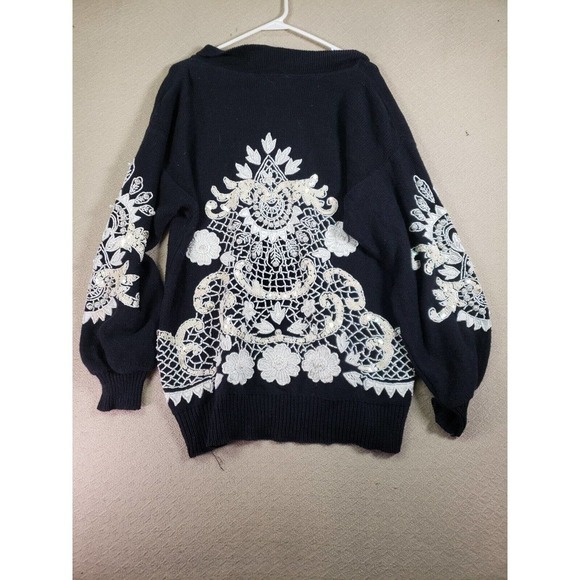 Bonnie Boerer Sweater Womens Small Black V-Neck Sequin Bling Trim Knit Pullover - Picture 7 of 10